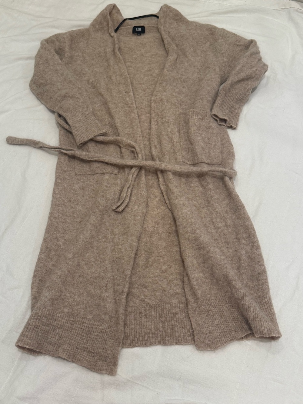 LINE Alpaca Wool Blend Long Belted Cardigan Sweater M/M Taupe Beige